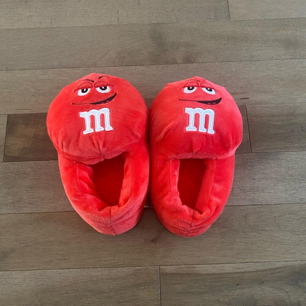 Red M&M Slippers Youth L/XL - Plush, Cozy, Non-Slip Bottom, Fun and Comfortable